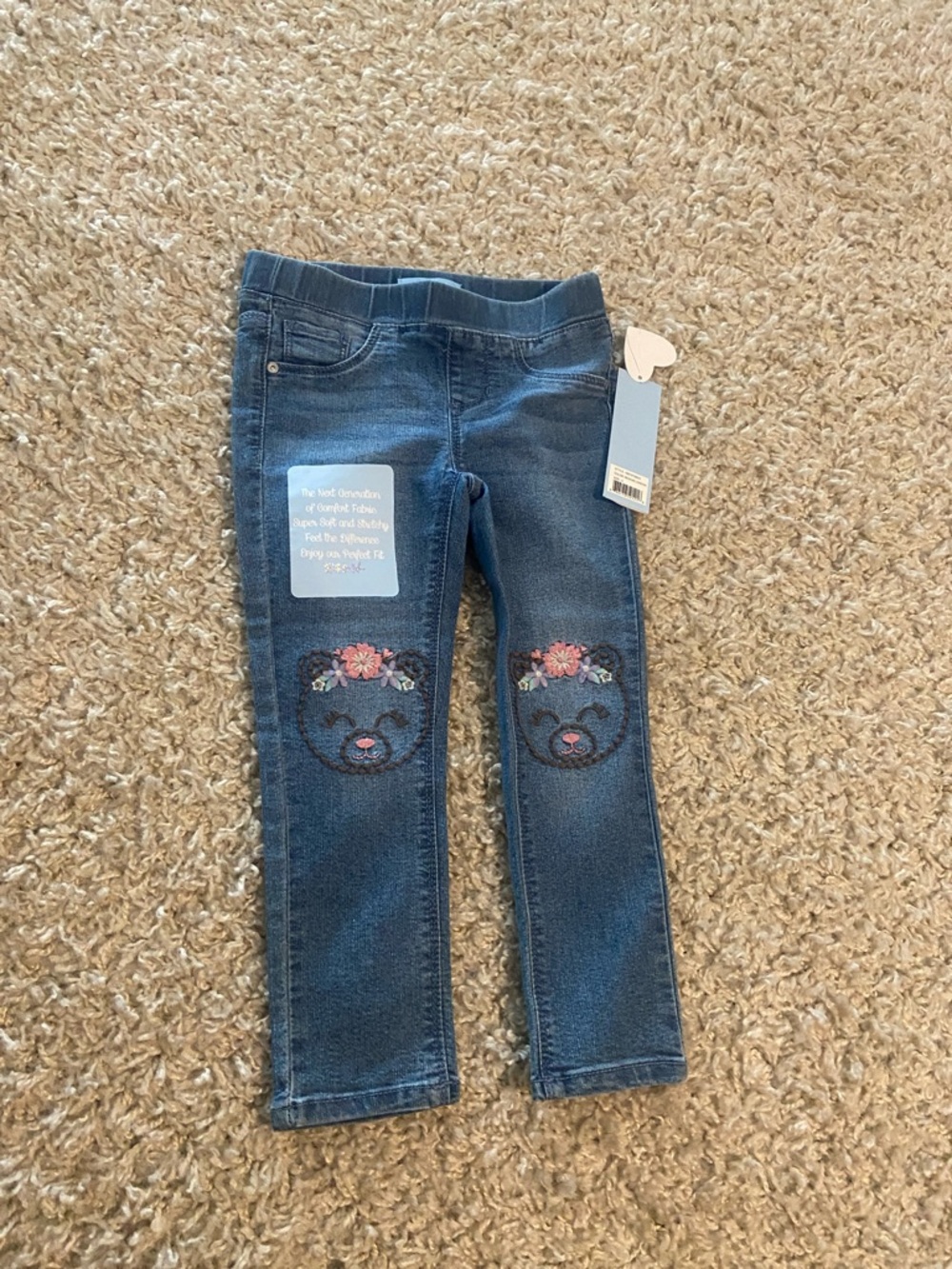 Girls' Dark Blue Skinny Jeans with Floral Bear Knee Embroidery